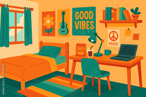 Cozy bedroom interior with desk and colorful decor