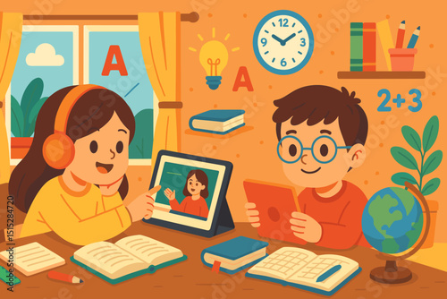 Children learning at home with digital tablets and books