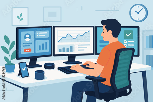 Man working at a multi-monitor desk setup with charts and data analytics