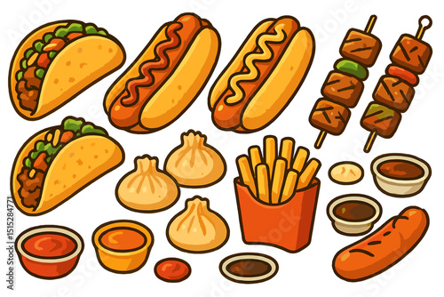 Cartoon fast food set with tacos, hot dogs, fries, and sauces