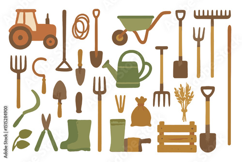 Rustic farming and gardening tools set in earthy tones