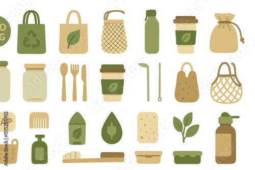 Zero waste lifestyle icons with eco-friendly reusable items