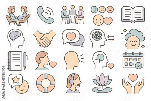 Pastel mental health and wellness icons featuring therapy, mindfulness, and support