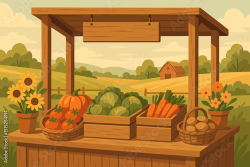 Rustic farm stand illustration with fresh vegetables and countryside background