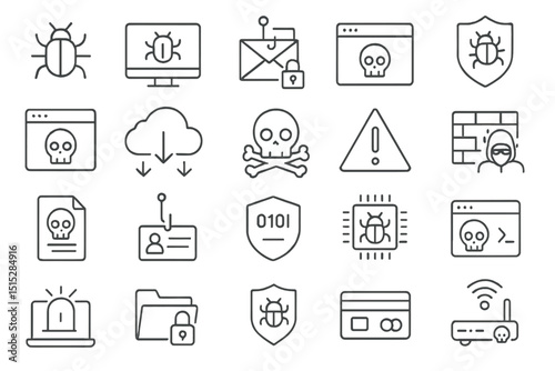 Cyber threat icons with bugs, malware, phishing, and hacking symbols on dark background