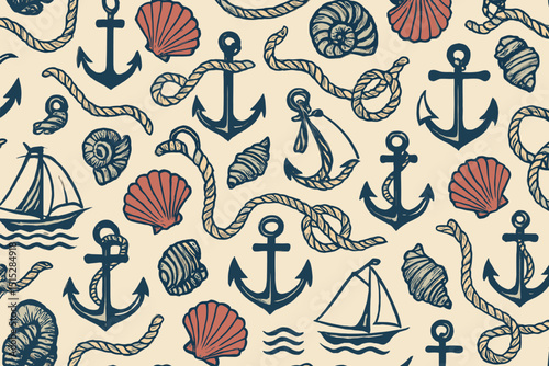 Hand-drawn nautical pattern with anchors, shells, ropes and sailboats