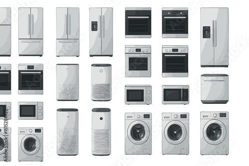 Realistic home appliance set with refrigerators, ovens, microwaves, washers, and air purifiers
