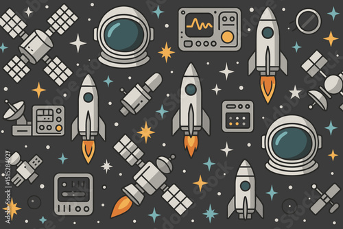 Seamless space-themed pattern with rockets, satellites, and helmets