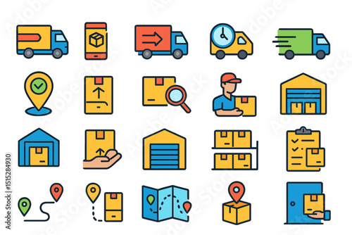 Colorful delivery and logistics icon set with trucks, boxes, and maps