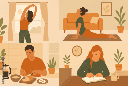 Illustration of a cozy morning routine with yoga, journaling, and breakfast