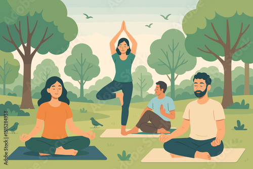 People practicing yoga and meditation outdoors in a peaceful forest setting