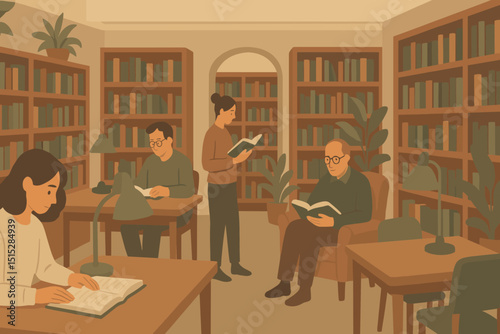 Illustrated people reading and studying in a cozy library