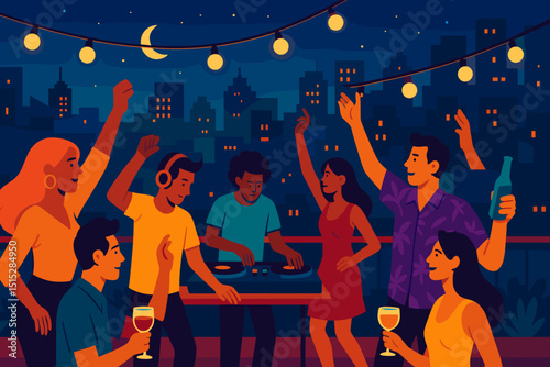Illustrated rooftop party with people dancing and a DJ at night