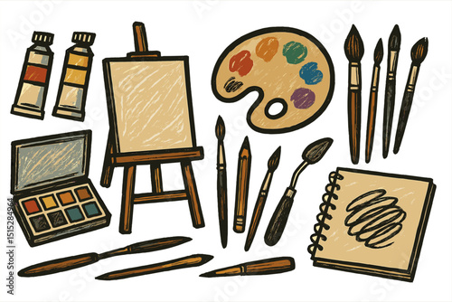 Colorful hand-drawn art supplies with palette, brushes, and easel