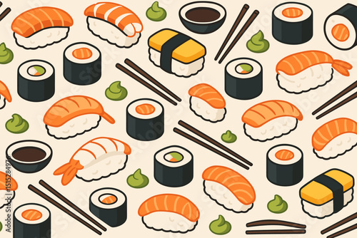 Seamless pattern of cartoon sushi, chopsticks, and condiments