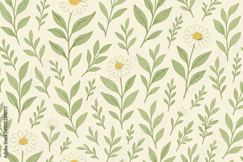 Seamless botanical pattern with chamomile flowers and green leaves