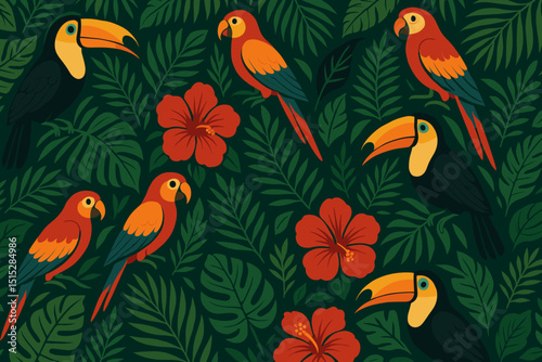 Tropical seamless pattern with toucans, parrots, and red hibiscus flowers