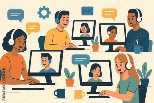 Illustration of a virtual team video call with people working remotely