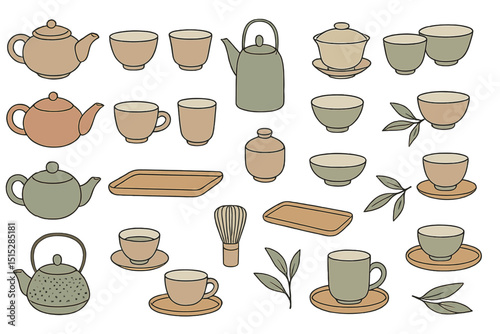 Elegant tea set icons with teapots, cups, leaves, and trays in earthy tones