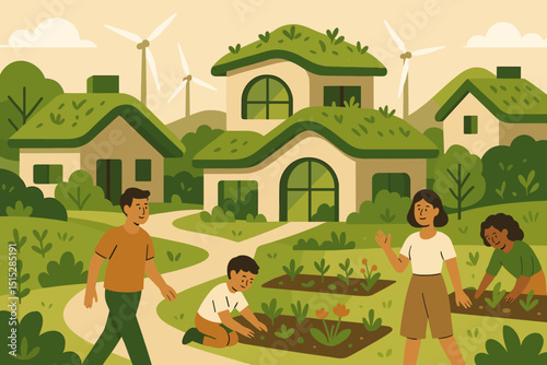 Illustration of a sustainable village with green rooftops and wind turbines