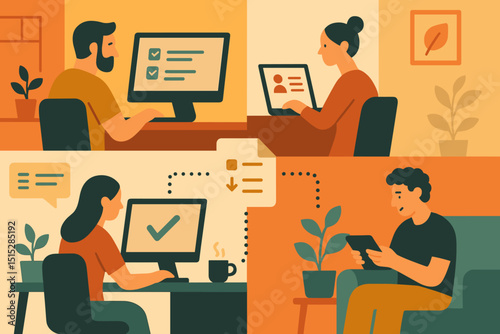 Remote collaboration illustration with people working on connected devices