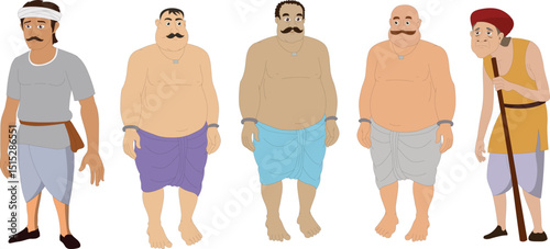 Indian Village Male Characters Set | Animated Indian Village Men Characters Vector | Cartoon Rural Male Characters with Traditional Dress | Indian Villagers Set for Animation, Story Videos, and Cultur
