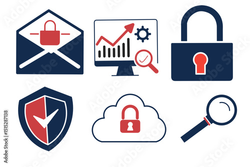 cybersecurity icons set for email protection, data analytics, cloud safety, privacy lock, shield security, and magnifying search tools in red and navy colors