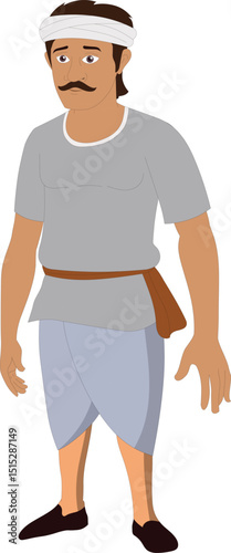 Cartoon Vector of Traditional Indian Village Man with Headband, Dhoti, and T-Shirt | Rural Male Character for Animation, Explainer Videos, 2D Rigging, Cultural Stories and Folk Art Projects

