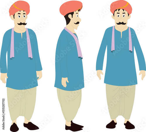 Indian Cartoon Character Vector with Front, Angle, and Side View | Traditional Desi Man character sheet in Turban and Dhoti for Animation Rigging, Explainer Videos, and 2D Game or Cartoon Projects

