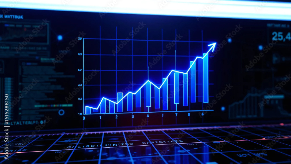 custom made wallpaper toronto digitalA 3D coin background with a blue finance graph and investment bar, showcasing growth and success in the market with technology and currency reports.
