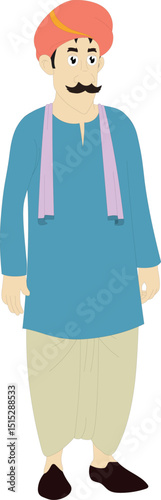 Cartoon Vector of Traditional Indian Man Character in Front View | Ethnic Villager in Turban and Dhoti for Animation | Folk Style Desi Male Illustration for Stock Design

