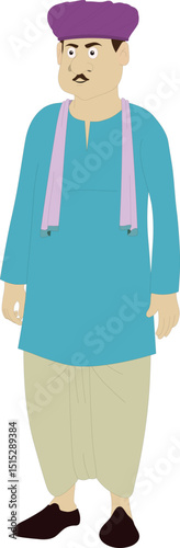 Cartoon Vector of Traditional Indian Man Wearing Dhoti Kurta and Turban | Desi Village Character Front View for Animation, Comics, Explainer Videos, and 2D Character Rigging

