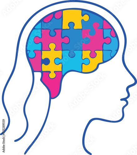 Human Brain Silhouette Filled with Colorful Jigsaw Puzzle Pieces Representing Autism Awareness and Neurological Diversity