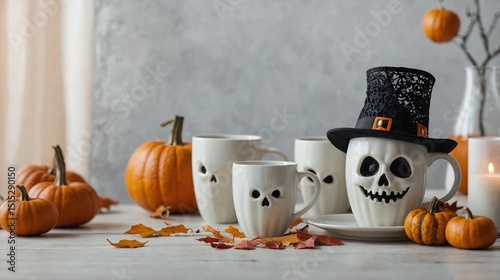 Spooky Halloween Still Life with Coffee Cups and Pumpkins