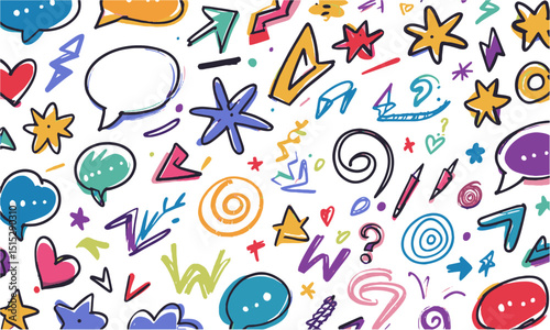  A vibrant and playful hand-drawn doodle set in modern vector style, feature a variety of simple and colorful sketch elements including speech bubbles, crowns, stars, arrows, easily editable.