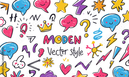  A vibrant and playful hand-drawn doodle set in modern vector style, feature a variety of simple and colorful sketch elements including speech bubbles, crowns, stars, arrows, easily editable.