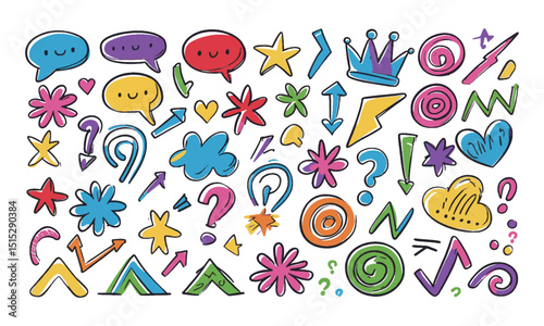  A vibrant and playful hand-drawn doodle set in modern vector style, feature a variety of simple and colorful sketch elements including speech bubbles, crowns, stars, arrows, easily editable.
