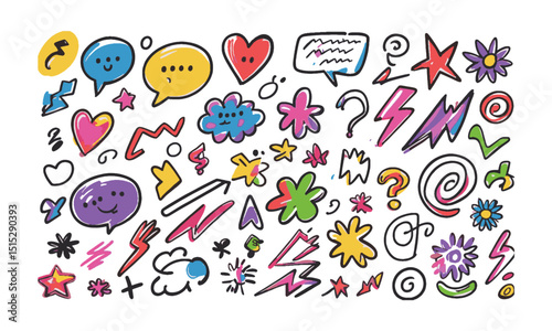  A vibrant and playful hand-drawn doodle set in modern vector style, feature a variety of simple and colorful sketch elements including speech bubbles, crowns, stars, arrows, easily editable.