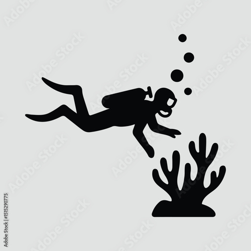 Scuba diver explores coral minimalist silhouette vector illustration