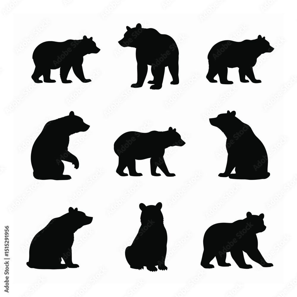 Naklejka premium Nine bear silhouettes different poses wildlife set