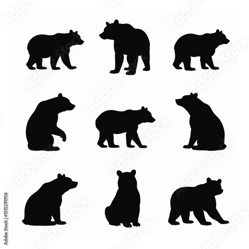 Nine bear silhouettes different poses wildlife set