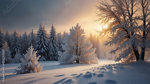 Serene Snowy Winter Landscape with Trees and Warm Dreamy Light V3