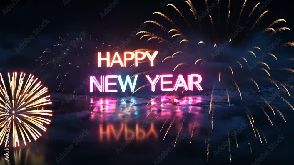 Happy New Year neon sign party celebration with fireworks vector illustration at night