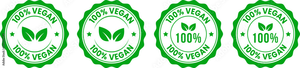 Four green 100 percent vegan labels with leaves Four green 100 percent vegan labels with leaves