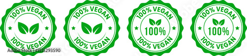 Four green 100 percent vegan labels with leaves