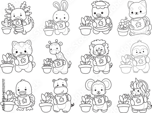 Outline of Cute wild animal vector icon. Lineart of Fluffy pet stickers.