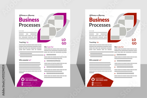 Business Processes Flyer: A modern business processes flyer showcasing two design options with clean layouts, geometric elements, and customizable sections for content.