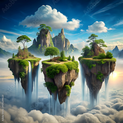 Surreal landscape with floating islands and inverted waterfalls