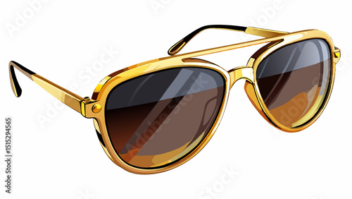 Close-up of trendy sunglasses with dark lenses and gold frame, placed diagonally on a white background. Fashionable summer accessory reflecting style, luxury, and confidence.