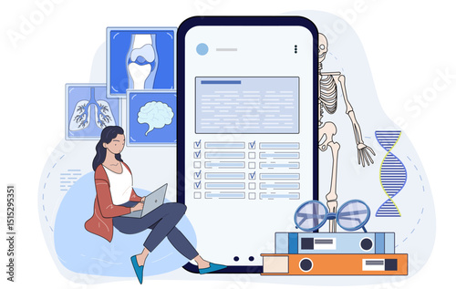 Woman studying with laptop beside large smartphone displaying medical data, surrounded by anatomy visuals, DNA, books, and skeleton on white background. Vector illustration